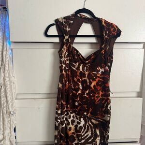 Cache Brown and Black Animal Print Midi Dress